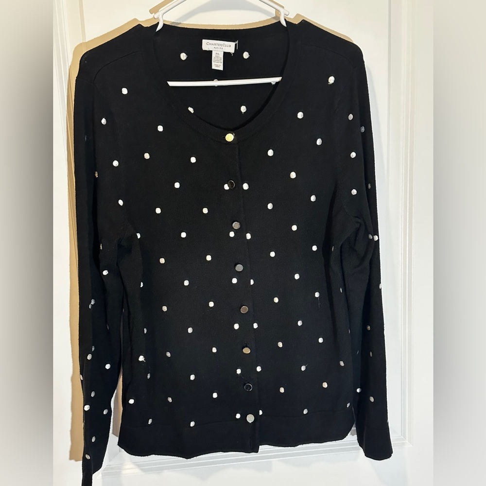 Women’s petite charter club polka dot cardigan with silver buttons